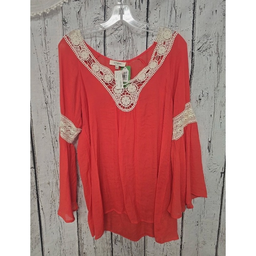 Umgee Size L Women's NWT Boho Bell Sleeve Dark Peach White Lagenlook V-Neck Top - Picture 2 of 10